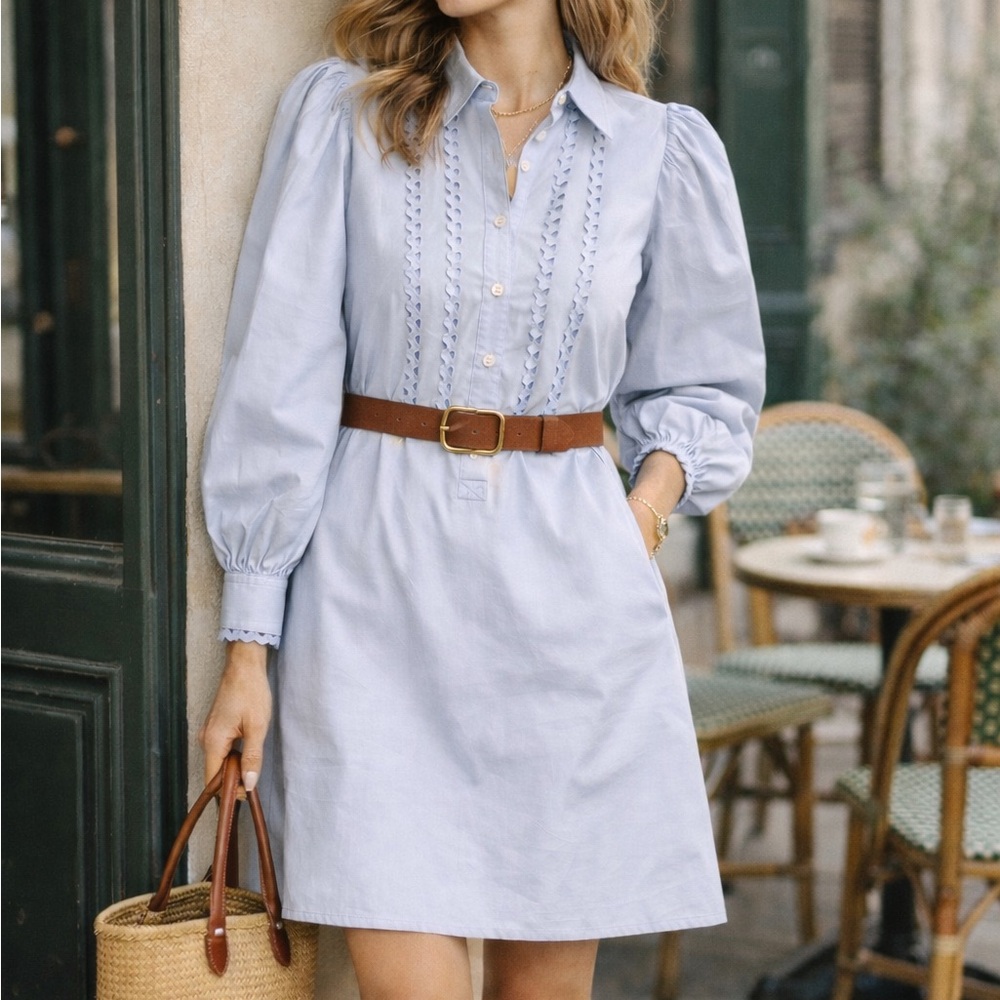 ESQUALO Cotton Poplin Balloon Sleeve Baby Blue Mini Dress